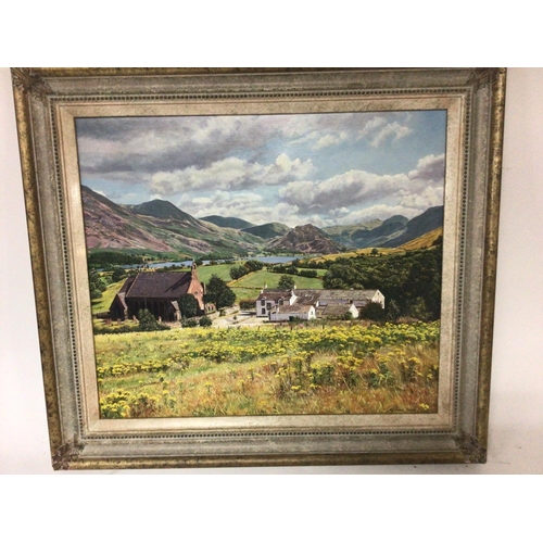 1541 - An oil painting on board 20th century rural view with a church and mountains The Lake District signe... 