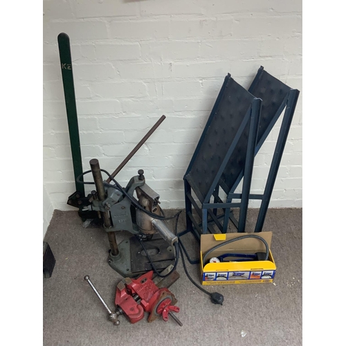 1962 - A mixed lot of tools to include a Bradbury trolley Jack, Ramps, pillar drill, sheet metal sheers, vi... 