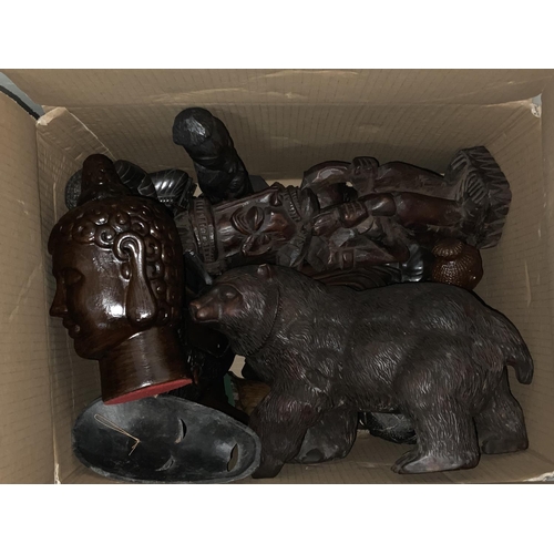 1966 - 2 boxes of African and oriental carved figures, masks etc.