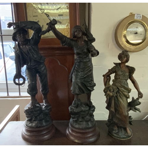 1968 - 3 large late Victorian spelter figurines. 58cm.