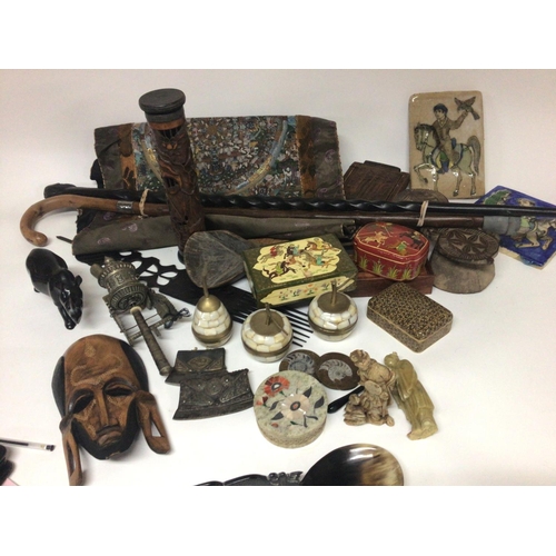 1978 - A collection of treen items and other intresting oddments two flint strikes walking sticks an embroi... 