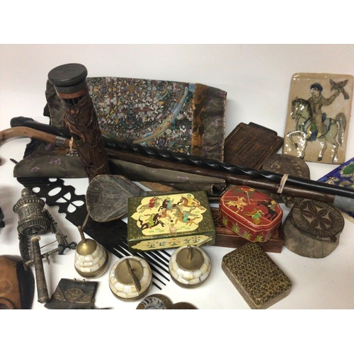 1978 - A collection of treen items and other intresting oddments two flint strikes walking sticks an embroi... 