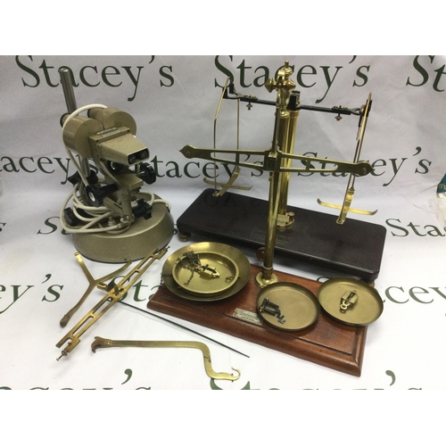 1988 - A vintage Prior binocular microscope and two sets of beam balance scales (3). Shipping category D.