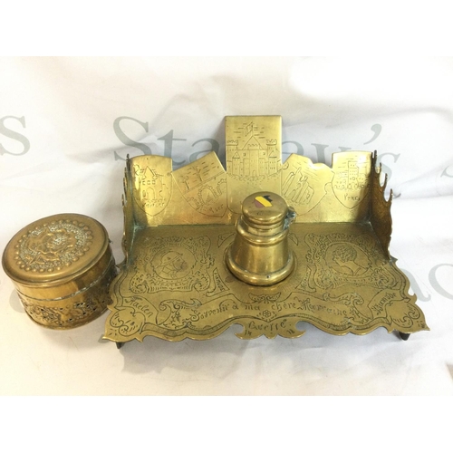 1992 - A trench art brass pen tray and ash tray box. Postage B
