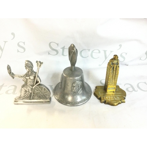 1994 - An aluminium Churchill Victory bell and a chrome Britannia along with a brass Canada trench art memo... 