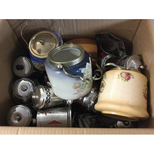 1996 - A large collection of chrome tea and sugar storage jars and ceramic biscuits barrels. Postage D