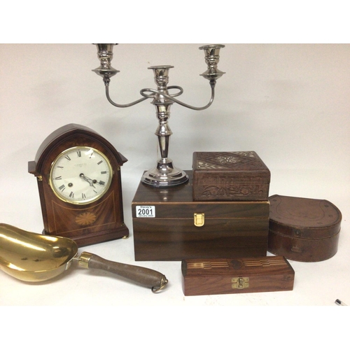 2001 - A collection of oddments an Edwardian style Mahogany mantel clock brass scoop leather collar box woo... 