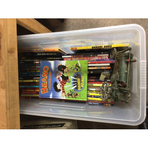 2018 - A box containing mixed annuals Dandy Beano 2000AD and a replica cast metal vintage tractor and other... 