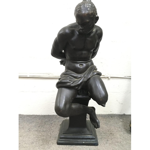 800 - A bronze lamp base figure of a seated man in captivity. 50cm tall approximately. This lot cannot be ... 