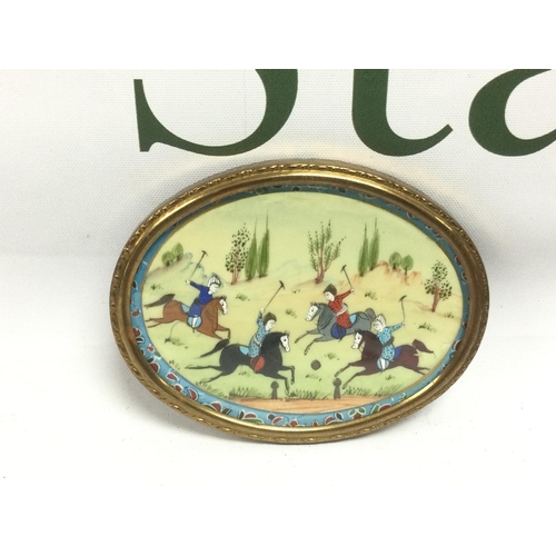 804 - A framed miniature painting of a polo match, approx width 9cm. Shipping category D.