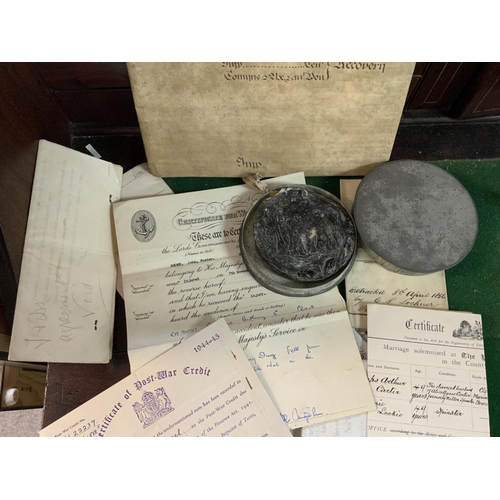 832 - A George III wax seal and indenture together with a small collection of documents.