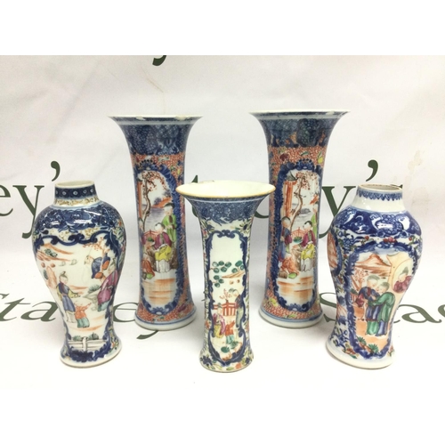 907 - Five famille rose vases with handpainted decoration, tallest approx 19cm. Shipping category D.