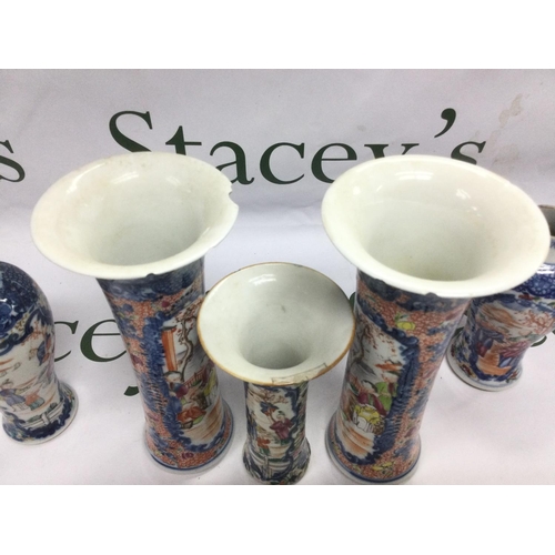 907 - Five famille rose vases with handpainted decoration, tallest approx 19cm. Shipping category D.