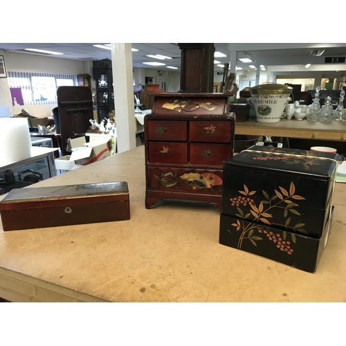 941 - Two boxes containing various oriental lacquered boxes etc and other various wiring boxes