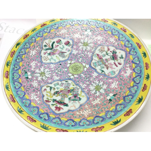 958 - Three Chinese Republic period porcelain large yellow, pink and blue dishes. With stands. Ranging fro... 