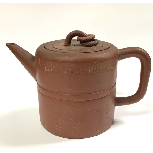 961 - An early Yi-Xing terracotta pottery teapot with internal filter, sgraffito decoration to body and 4 ... 