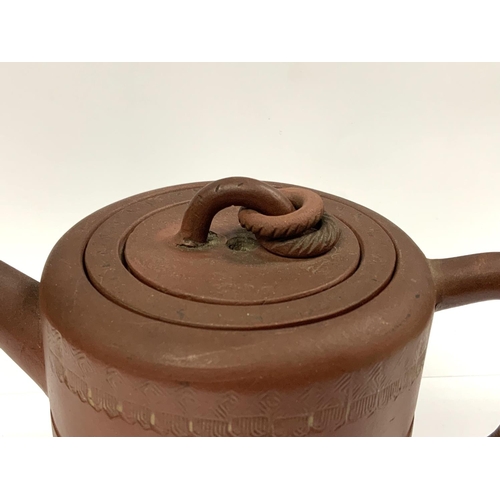 961 - An early Yi-Xing terracotta pottery teapot with internal filter, sgraffito decoration to body and 4 ... 