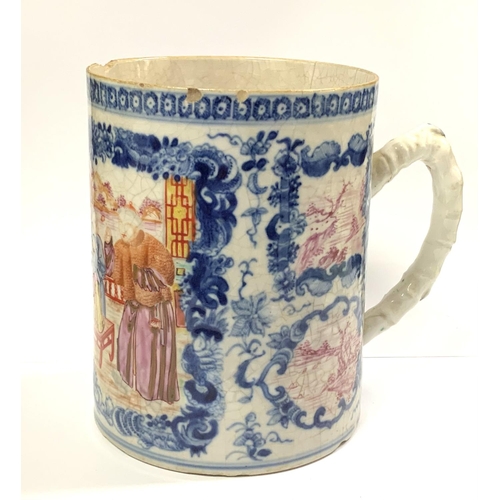 966 - An 18th Century Chinese export blue and white porcelain mug with replacement wicker handle 12cm toge... 