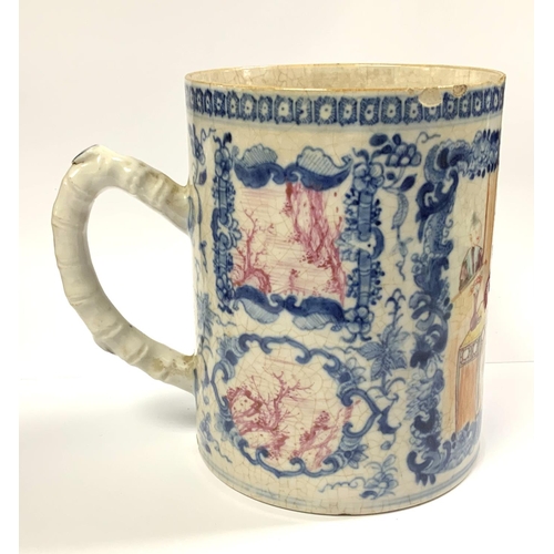 966 - An 18th Century Chinese export blue and white porcelain mug with replacement wicker handle 12cm toge... 