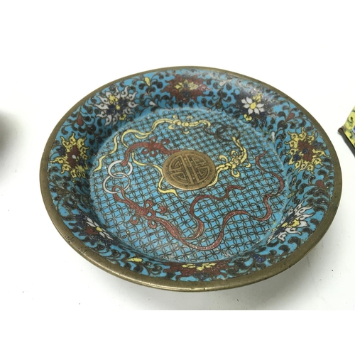 969 - A Chinese cloisonne dish and an enamel dish and box.