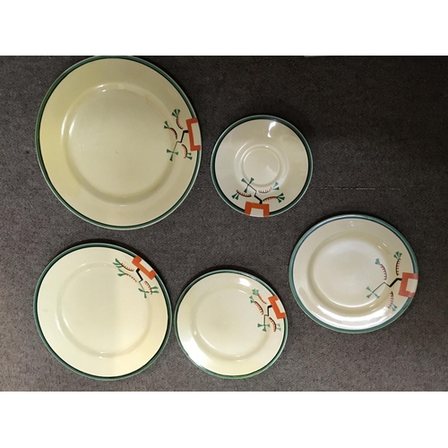 1071 - A Clarice Cliff Rauel 1930s art deco ravel pattern conical trio plus plates , this lot cannot be pos... 