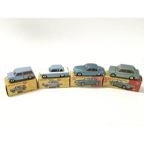 28 - A collection of 4 boxed diecast cars by Dinky includes..No138 a Hillman Imp Saloon..No146 a V8 Daiml... 