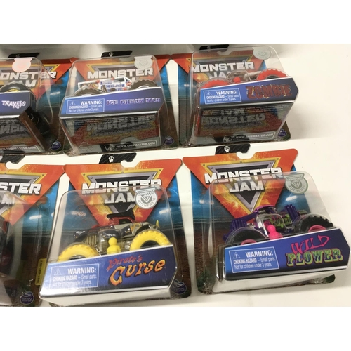 354 - A collection of 12 unopened boxed Monster Jam model vehicles 1:64 scale includes ..Iron Outlaw..Zomb... 