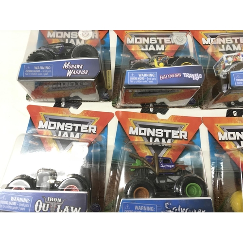 354 - A collection of 12 unopened boxed Monster Jam model vehicles 1:64 scale includes ..Iron Outlaw..Zomb... 