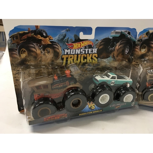 356 - A collection of unopened Hot Wheels Monster Trucks includes 3 x Demolition Doubles and 2x singles. 1... 