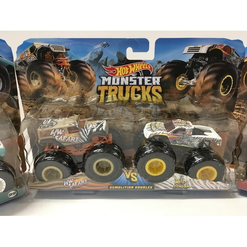 356 - A collection of unopened Hot Wheels Monster Trucks includes 3 x Demolition Doubles and 2x singles. 1... 