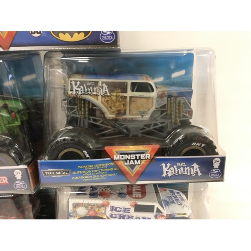 358 - A collection of 5 unopened Monster Jam monster trucks 1:24 scale. Includes Batman..Grave Digger and ... 