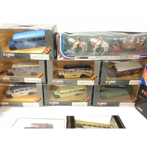 371 - A collection in excess of 10 boxed model diecast vehicles mainly buses. Also includes plastic model ... 