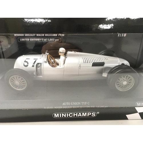 379 - Two boxed model cars including by minichamps a Auto Union TYP C H . Stuck. 1936. Also by Replicar Fo... 