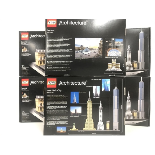 486 - 6 X Boxed And Sealed Lego Architecture Sets Louvre #21024 and New York City Skyline #21028.