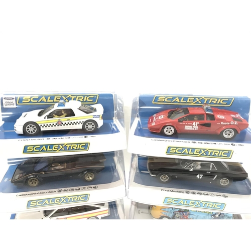 506 - 6 Boxed Scalextric Cars. A Ford RS200. 2 X Lamborghini Countachs. A Ford Mustang. A Rover SD1 And A ... 