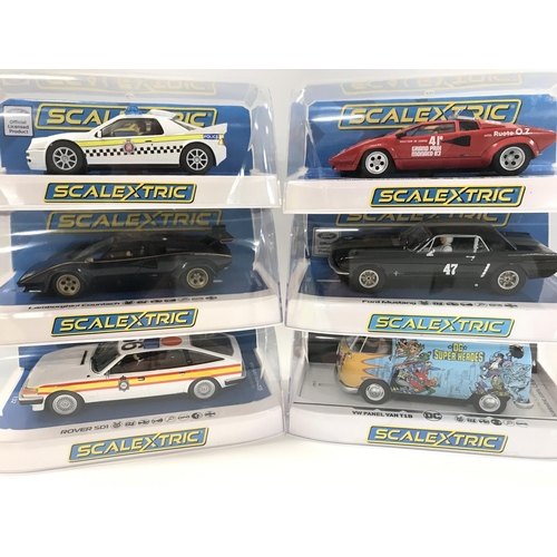 506 - 6 Boxed Scalextric Cars. A Ford RS200. 2 X Lamborghini Countachs. A Ford Mustang. A Rover SD1 And A ... 