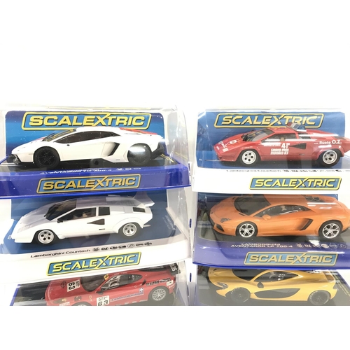 507 - 6 Boxed Scalextric Cars. 4 X Lamborghinis. A Ferrari F430 And A McLaren P1.