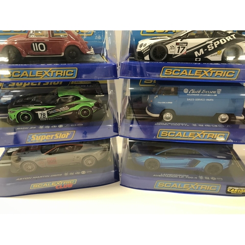 509 - 6 Boxed Scalextric Cars. A Volkswagen Beetle. A BMW Z4. A Aston Martin DBR9. A Bentley Continental G... 