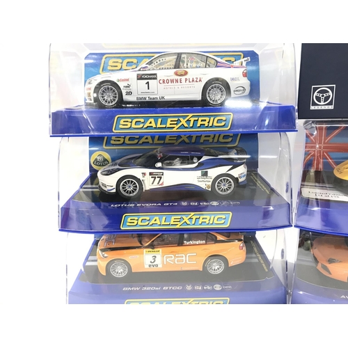 513 - 6 Boxed Scalextric Cars including BMW 320SI WTCC. A Lotus Evora GT4. A BMW 320SI BTCC. A McLaren P1(... 