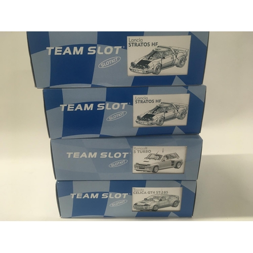 526 - A collection of 4 boxed Team Slot car building kits. Including 2x Lancia Stratos HF. A Toyota Celica... 