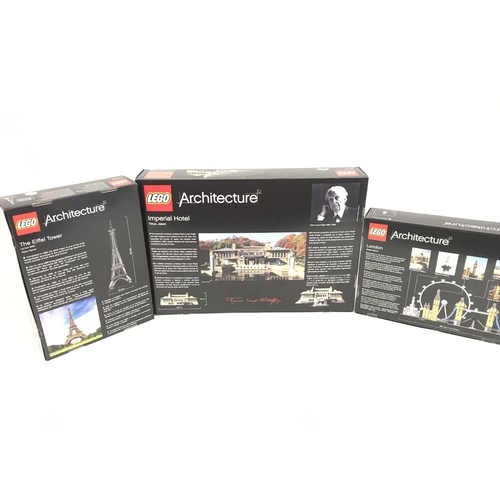 640 - 3 boxed and sealed Lego Architecture sets to include London 21034, Imperial Hotel 21017, Eiffel Towe... 