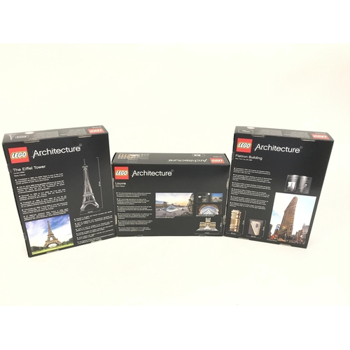 646 - 3 boxed and sealed Lego sets, to include Eiffel Tower 21019, Louvre 21024, Flatiron Building 21023. ... 