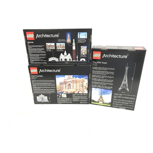 650 - 3 boxed and sealed Lego sets, to include, Eiffel Tower 21019, Venice 21026 , Trevi Fountain 21020. N... 