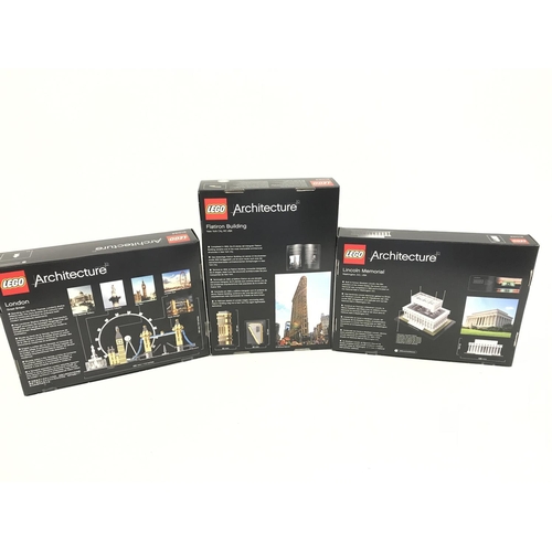 651 - 3 boxed and sealed Lego sets, to include, Lincoln Memorial 21022, Flatiron Building 21023, London 21... 