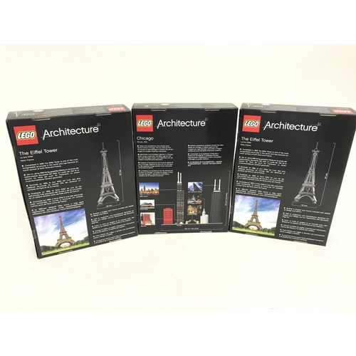 652 - 3 boxed and sealed Lego sets, to include, Chicago 21033 and 2 Eiffel Tower 21019 sets. No reserve.