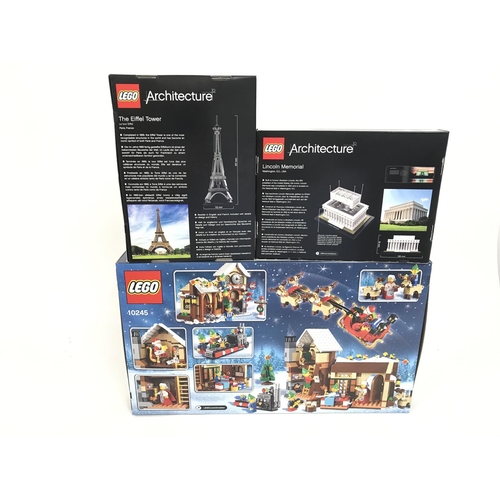 654 - 3 boxed and sealed Lego sets, to include, Santas Workshop 10245, Lincoln Memorial 21022, Eiffel Towe... 