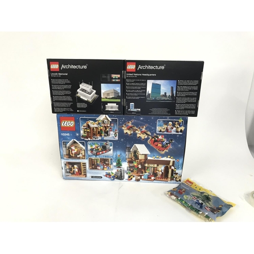 673 - 3 boxed and sealed Lego sets. To include 21018 United Nations Headquaters. 21022 Lincoln Memorial. 1... 