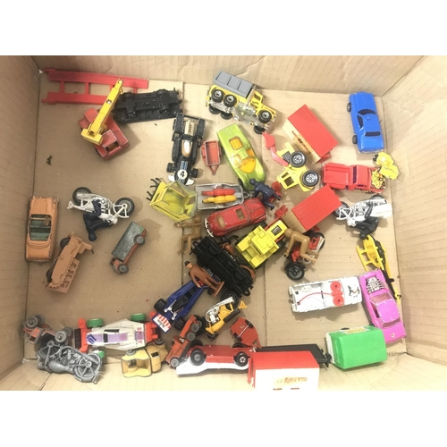 752 - A Box Containing Playworn Plastic and Diecast Vehicles including Matchbox. Dinky. And Others. No Res... 