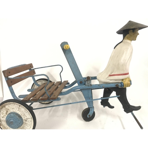 758 - A Rare 1950s Childs Ride On Chinese Rickshaw. With Walking Chinese Figure.