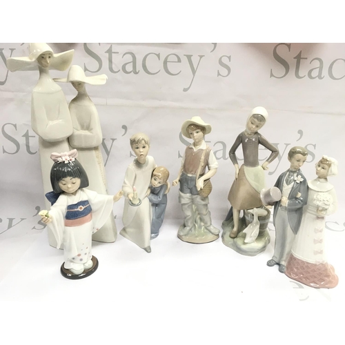 1007 - Lladro figures including Gone Fishing, Flower Glaze Japanese girl , Nuns, Bride and Groom etc. this ... 
